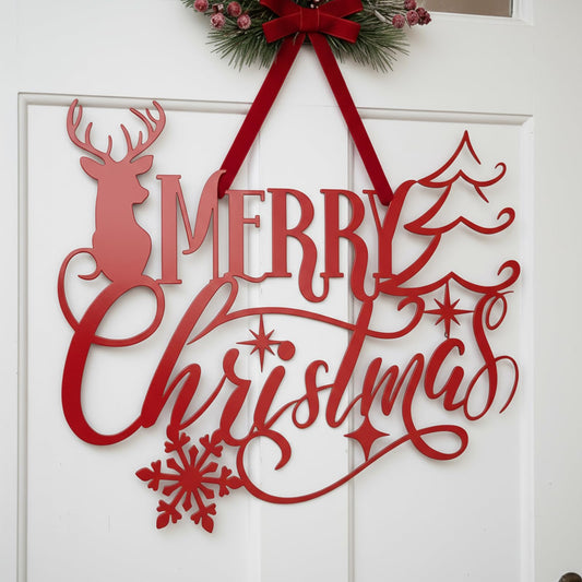 Tandefio 2 Pcs Merry Christmas Door Decor Metal Signs Xmas Hanger Welcome Signs for Front Door Christmas Tree Reindeer Snowflakes Hanging Plaques Ornaments for Xmas Holiday and Home Party Wall Decor