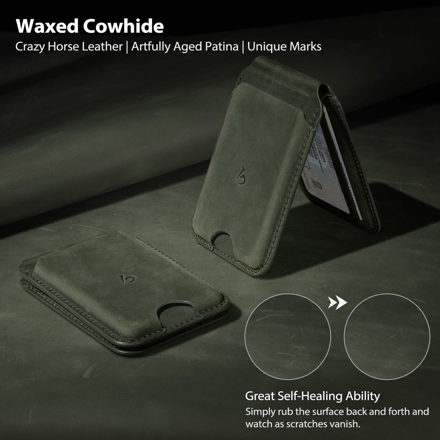 Belemay Strong Magnetic Wallet for MagSafe with Adjustable Stand, Crazy Horse Leather Card Holder, Up to 5 Cards, RFID Blocking, Slim for iPhone 17/16/15/14/13/12 Series Men & Women - Pine Green