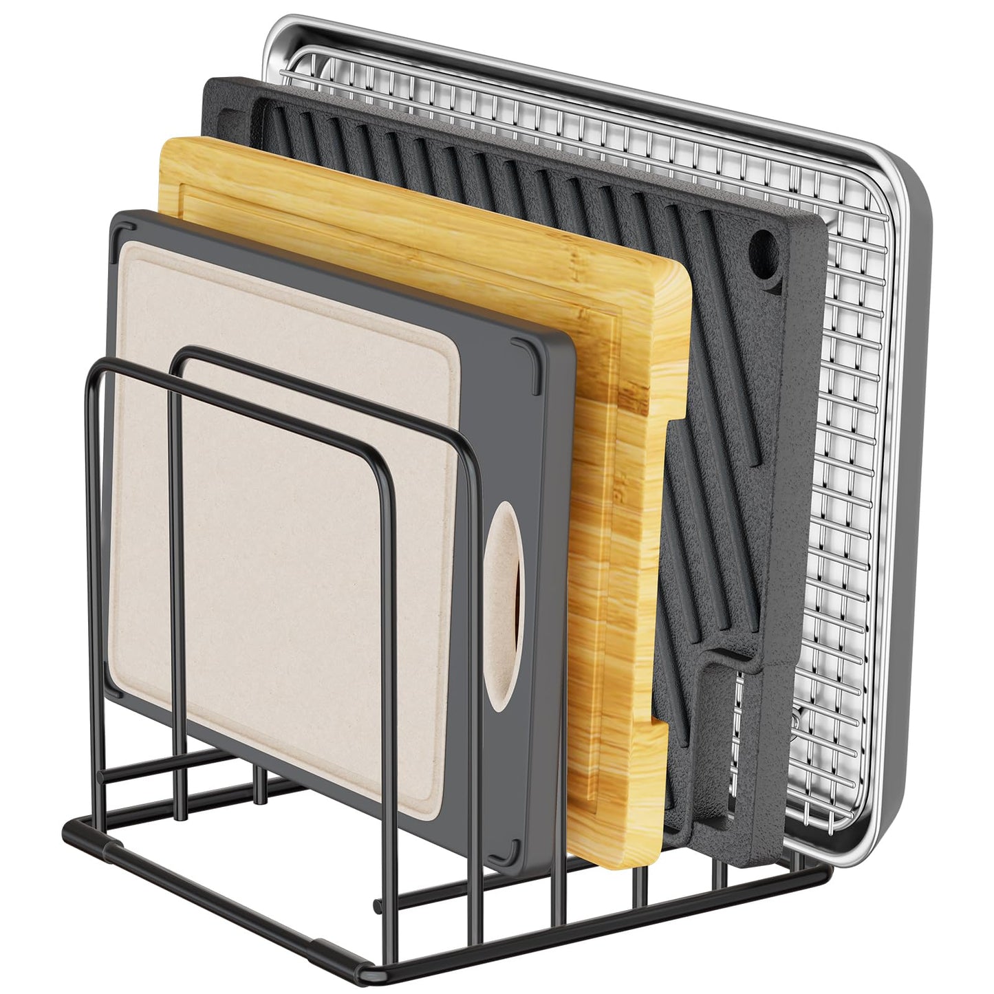 Kitchen Organizer Rack - 5-Slot Heavy-Duty Cutting Board and Bakeware Holder, Rust-Resistant with Anti-Slip Feet for Countertop or Cabinet Storage