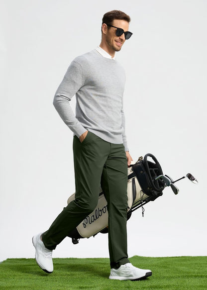 Pudolla Men's Golf Pants Work Dress Comfy Pants Casual Slacks Trousers with Pockets(Army Green 28Wx30L)