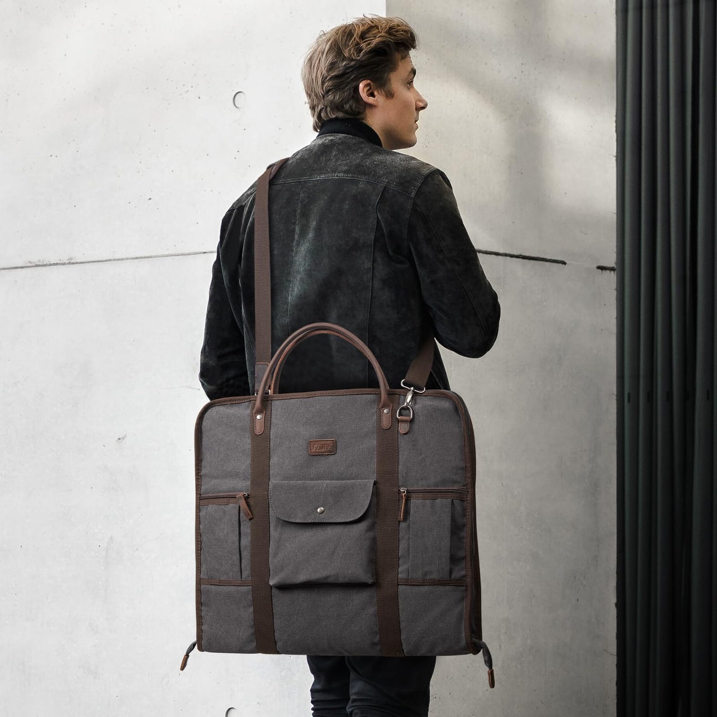 S-ZONE Carry On Garment Bag for Business Travel Canvas Leather Men Women Suit Cover