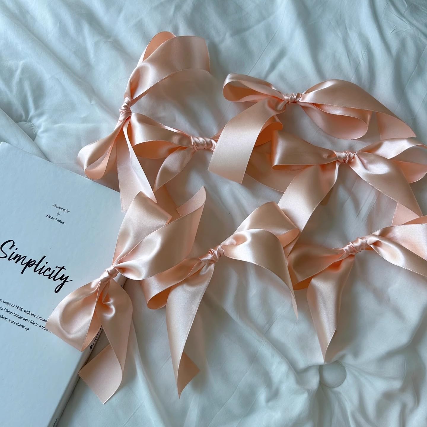 Eanjia Peach Bow Garland Pre-Assembled | 6ft Silk Satin Bow Banner for Coquette Bachelorette Party, Soft Blush Baby Shower,Bridal Shower Wedding Baby Room Bed Decor (Peach, 6ft)