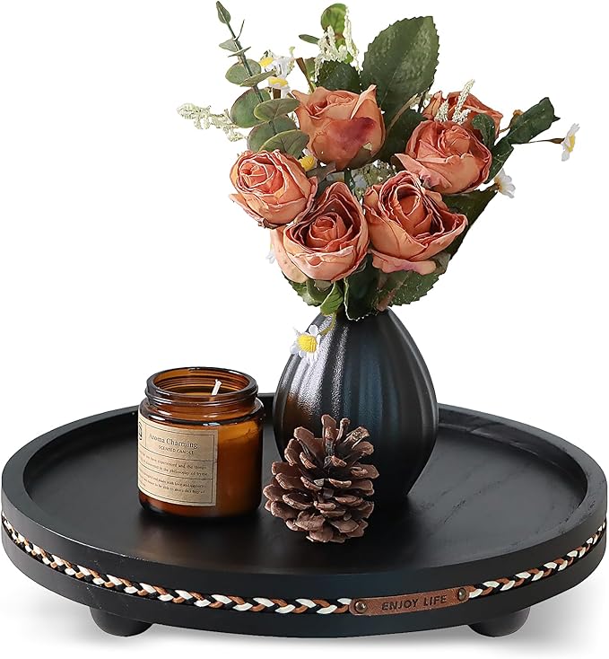 Decor Decorative Round Tray 11.81in for Home Decor for Coffee Table Farmhouse Kitchen Table Living Room Bathroom Centerpiece Tray Decor Black with Stripes