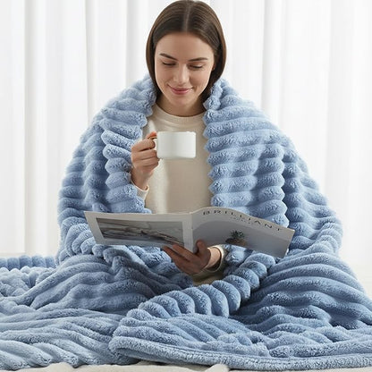decorUhome Soft Fleece Blue Grey Twin Blanket for Bed, Cozy Fluffy Plush Flannel Striped Throws for Couch Sofa, Lightweight Decorative Ribbed Fuzzy Blanket for Woman, 60x80 Inches