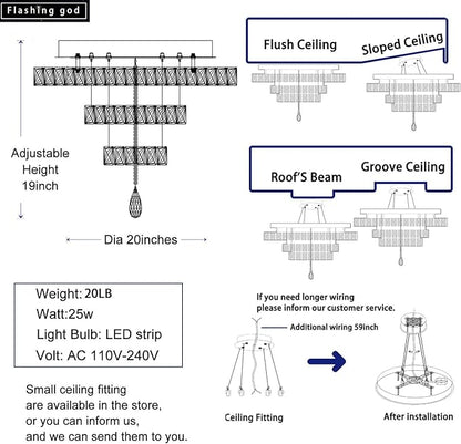 Flashing God Dia 20" Modern Chandeliers for Dining Room Black Flush Mount Ceiling Chandeliers LED Dimmable Pendant Lighting Crystal Ceiling Light Fixture for Living Room Bedroom Hallway 2700K-6000K