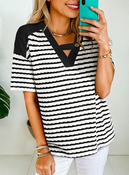 Dokotoo Summer Tops for Women Casual Short Sleeve Trendy T Shirts for Women Loose Fit V Neck Stirped Color Block Tees Top Spring Fashion Blouses Black Medium