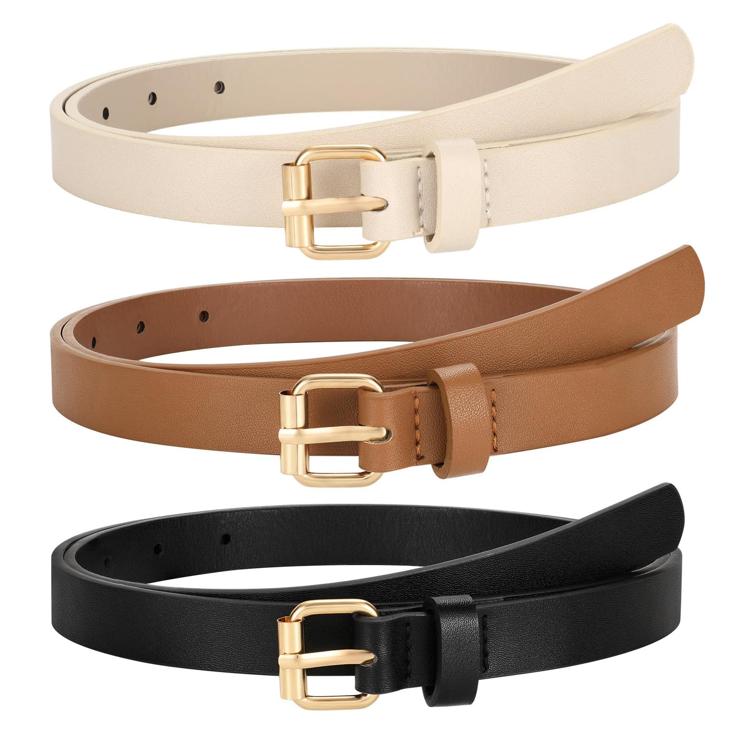TRIWORKS 3 Pack Women Skinny Leather Belt for Jeans Pants Dress Ladies Thin Waist Belt with Gold Buckle