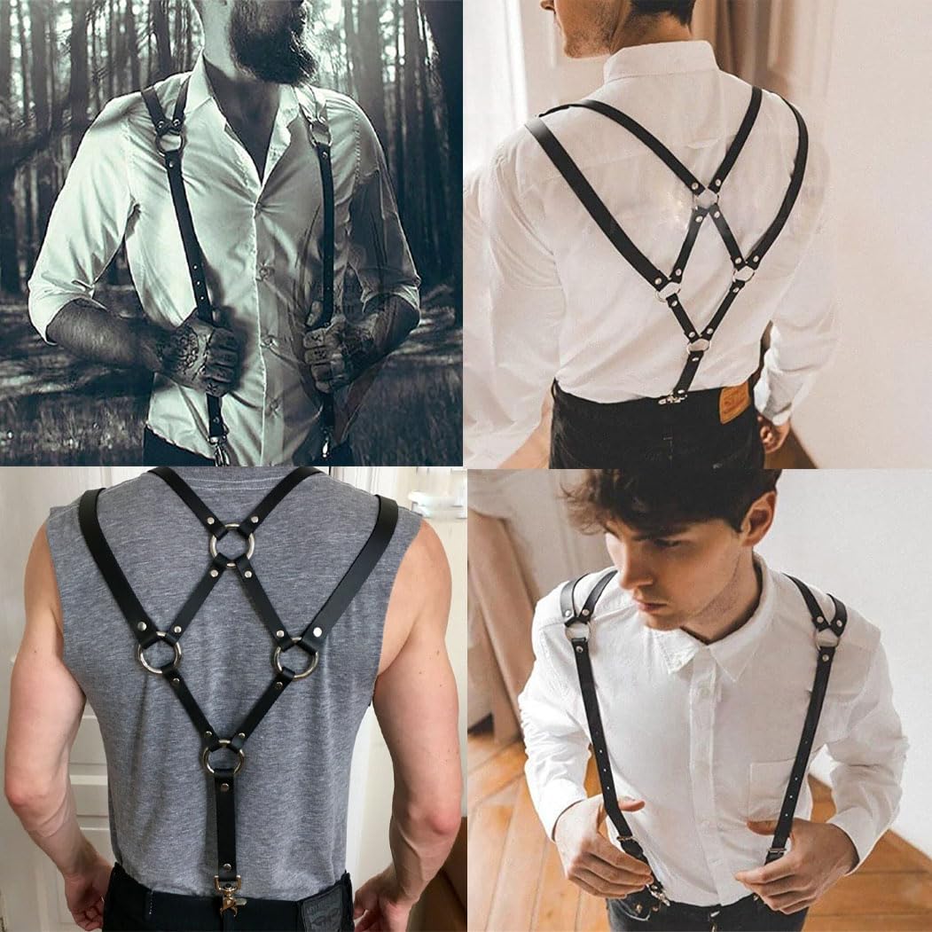 Mens Black Leather Armors Suspenders Shoulder Strap Body Chest Harness Chain Belt Adjustable Gay Punk Clubwear Costume