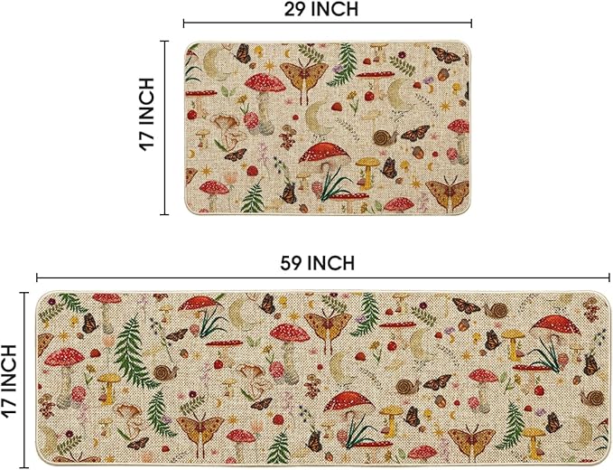Artoid Mode Mushrooms Butterfly Spring Kitchen Mats Set of 2, Home Decor Low-Profile Kitchen Rugs for Floor - 17x29 and 17x59 Inch