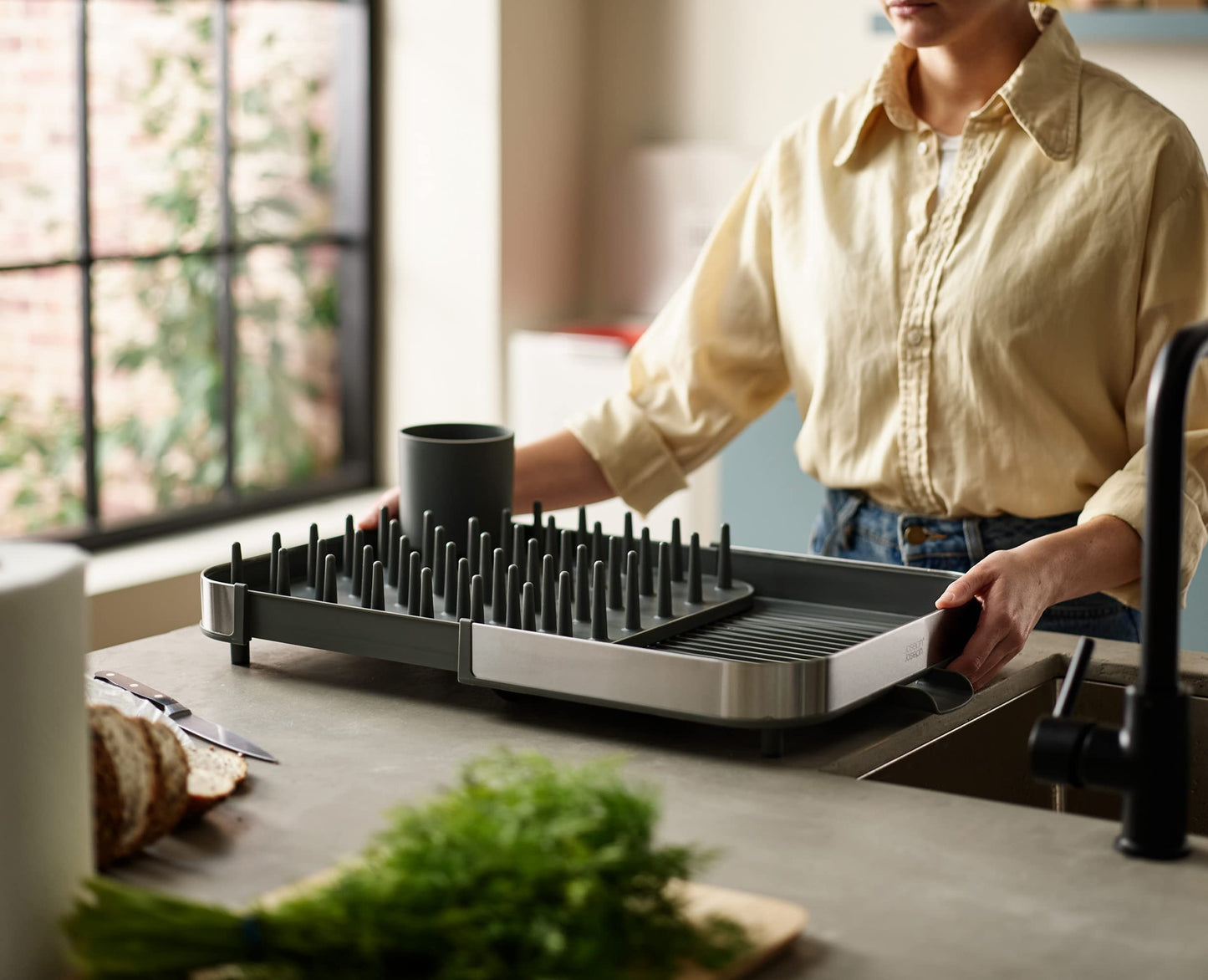 Joseph Joseph Expanding Dish Drying Rack with Removable Silverware Holder, Draining Spout, Stainless-Steel
