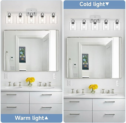 Modern Brushed Nickel 5 Light Bathroom Vanity Light, 31 inch Bathroom Light Fixtures with Clear Glass for Mirror Kitchen Living Room Hallway Cabinet Porch
