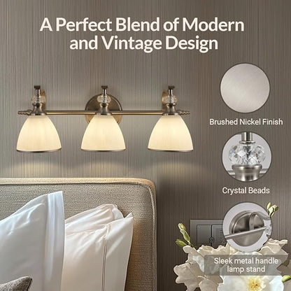 ANDY STAR Bathroom Light Fixture, 3-Light Bathroom Vanity Light Brushed Nickel, Vintage Wall Sconce with Hand-Painted Frosted Lampshade, Wall Lamp in Silver Finish for Bedroom, Living Room, Restroom