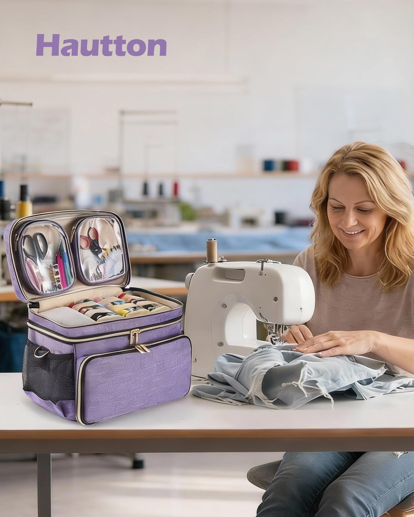 Hautton Large Sewing Ogranizers, 2 Layer Storage Bag for Sewing Supplies with 2 Detachable Pouches Sewing Bag with Shoulder Strap (Bag ONLY) -Purple