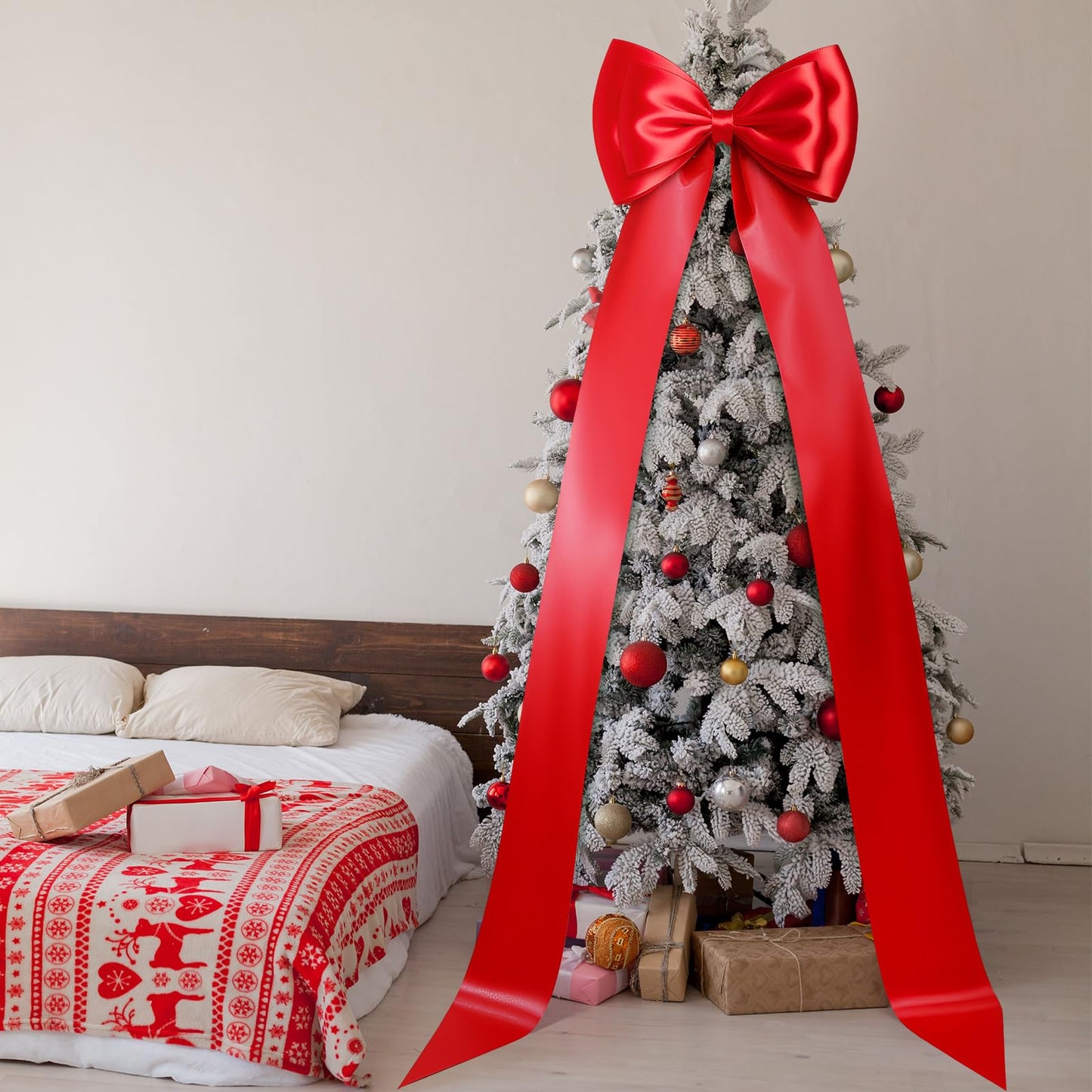 Gejoy Extra Large Christmas Tree Topper Bow 118 x 28 Inch Giant Satin Red Bow with Huge Long Streamer Oversized Double Layer Burgundy Gift Wrapping for Holiday Xmas Tree Decoration Home Party Decor