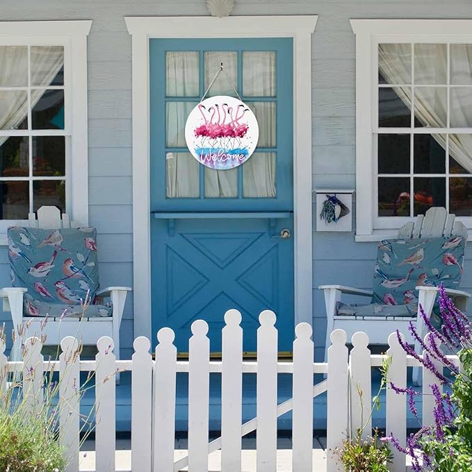 12in Welcome Door Hanger Door Sign Watercolor Pink Flamingo Wood Panel Sign Home Porch Farmhouse Outdoor Indoor Festival Present