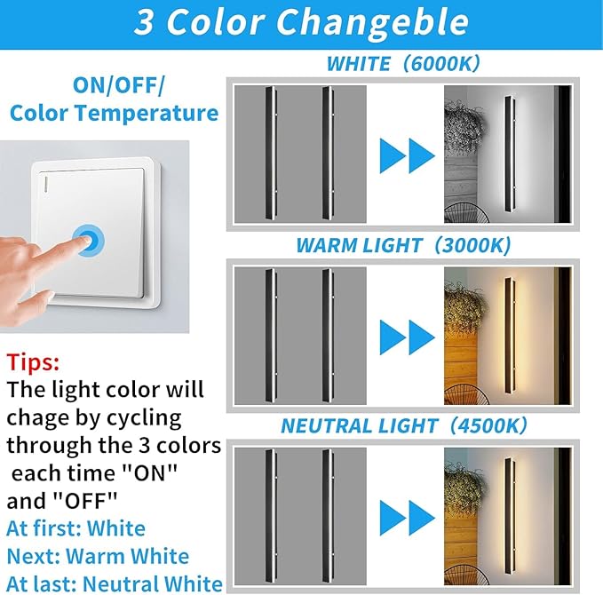 Mikeru 2 Pack 47.2inch Modern Outdoor Wall Sconce, 3000K/4500K/6000K 3 Color Temperature LED Exterior Light Fixtures, Modern Long Porch Lights Wall Sconce for Garage, Doorway, Porch, Patio