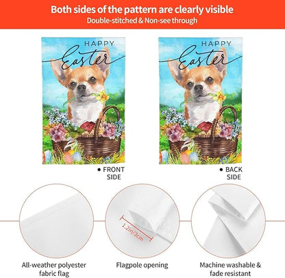 Happy Easter Chihuahua Dog Flowers Eggs Bunny Garden Flag Welcome Party Outdoor Outside Decorations Picks Home House Garden Yard Decor 12x18 Inch