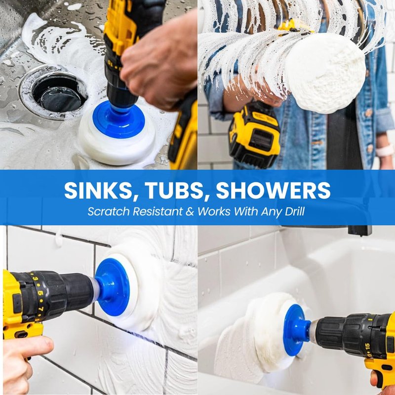 RotoScrub 7 Pack Multi-Purpose Drill Brush Kit for Cleaning Bathrooms, Showers, Tubs, Tile, Floors, Sinks, Toilets, Grout and Grime Removal, Reversible Blue and White Scrub Pads
