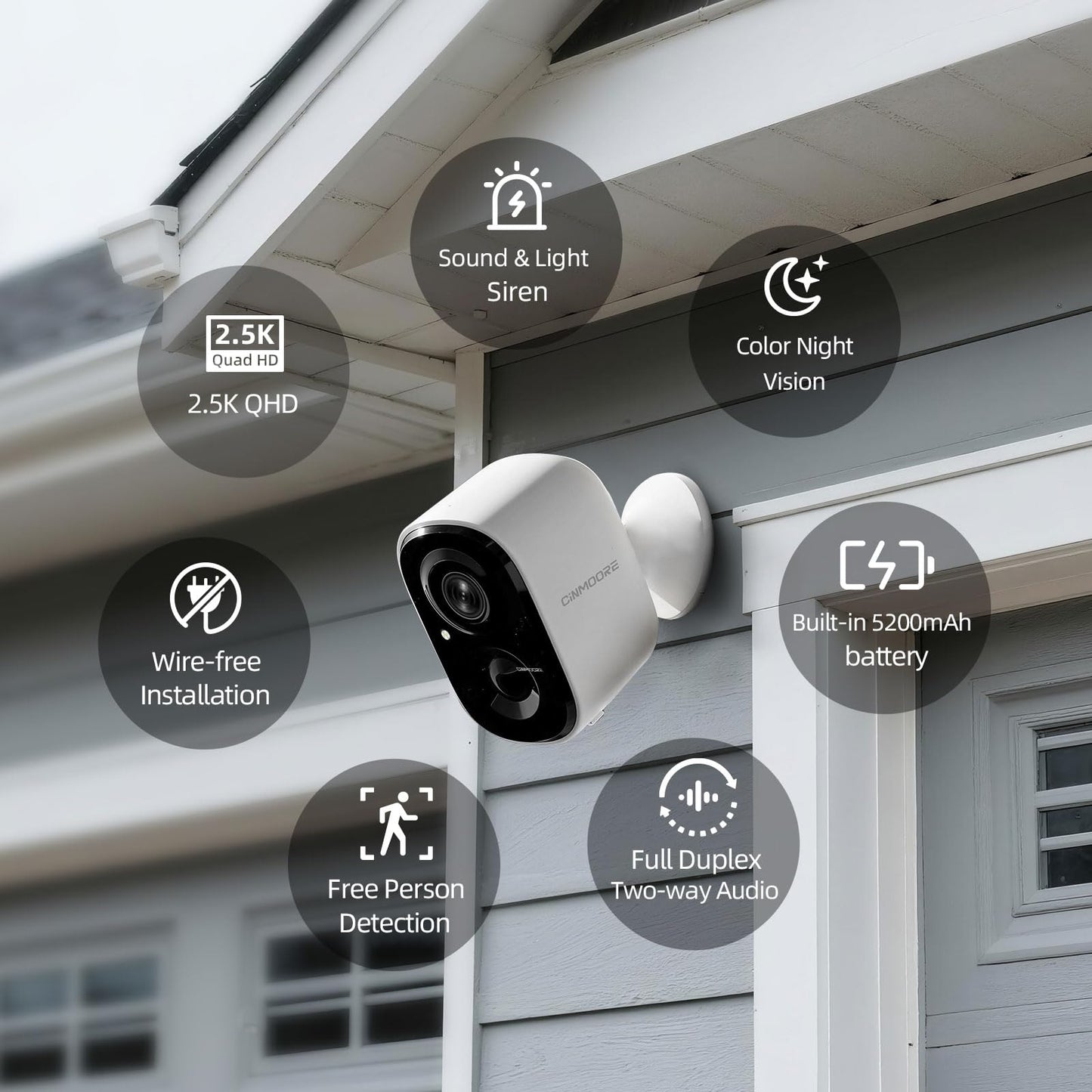 CINMOORE 2.5K Wireless Home Security Cameras 2-Pack, Outdoor WiFi Non-Subscription AI Person Detection, 4MP Color Night Vision, Full Duplex 2-Way Audio, IP66 Waterproof Battery Powered, U.S. AWS Cloud