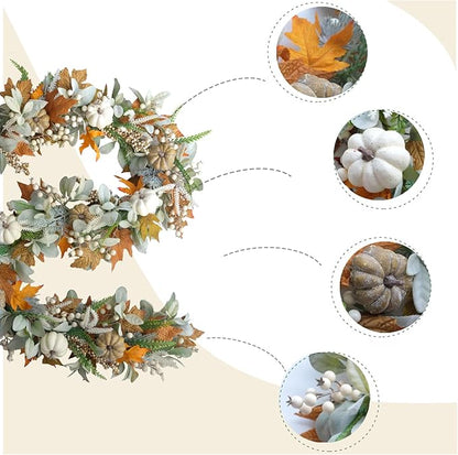 Thanksgiving Fall Wreath, Eucalyptus Berries Pumpkins Lamb Ears Leaves Autumn Wreaths for Front Door, Fall Decor, Porch Wall, Home Outdoor Holiday Decorations (Pumpkin Garland)