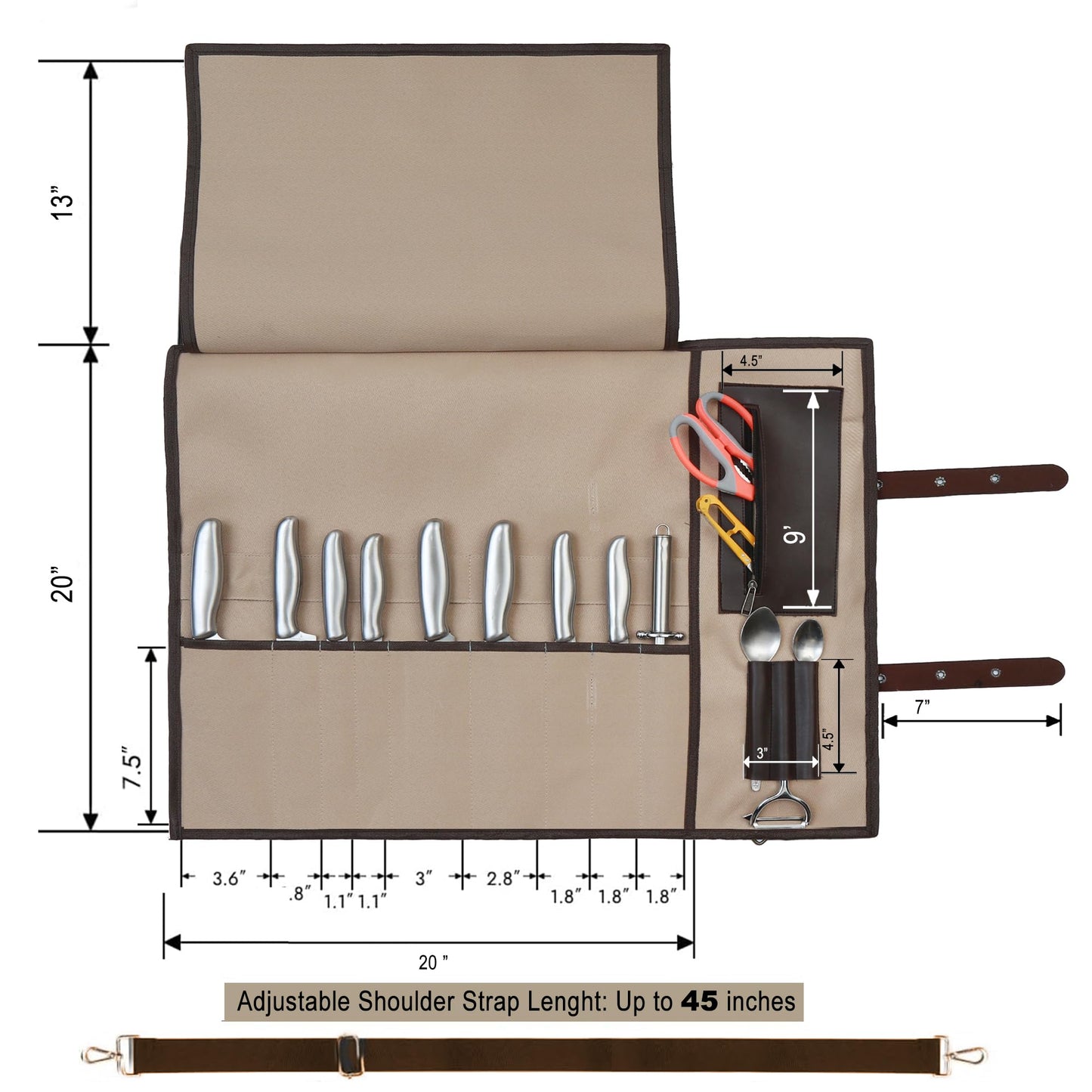 Pargana Chef Knife Roll Bag 9 Knife Slots - Durable Water-Resistant Acrylic Canvas Knife Roll Case Adjustable Leather Shoulder Strap & Handle - Fits 12” Knives & Honing Steel -Culinary Travel-Friendly