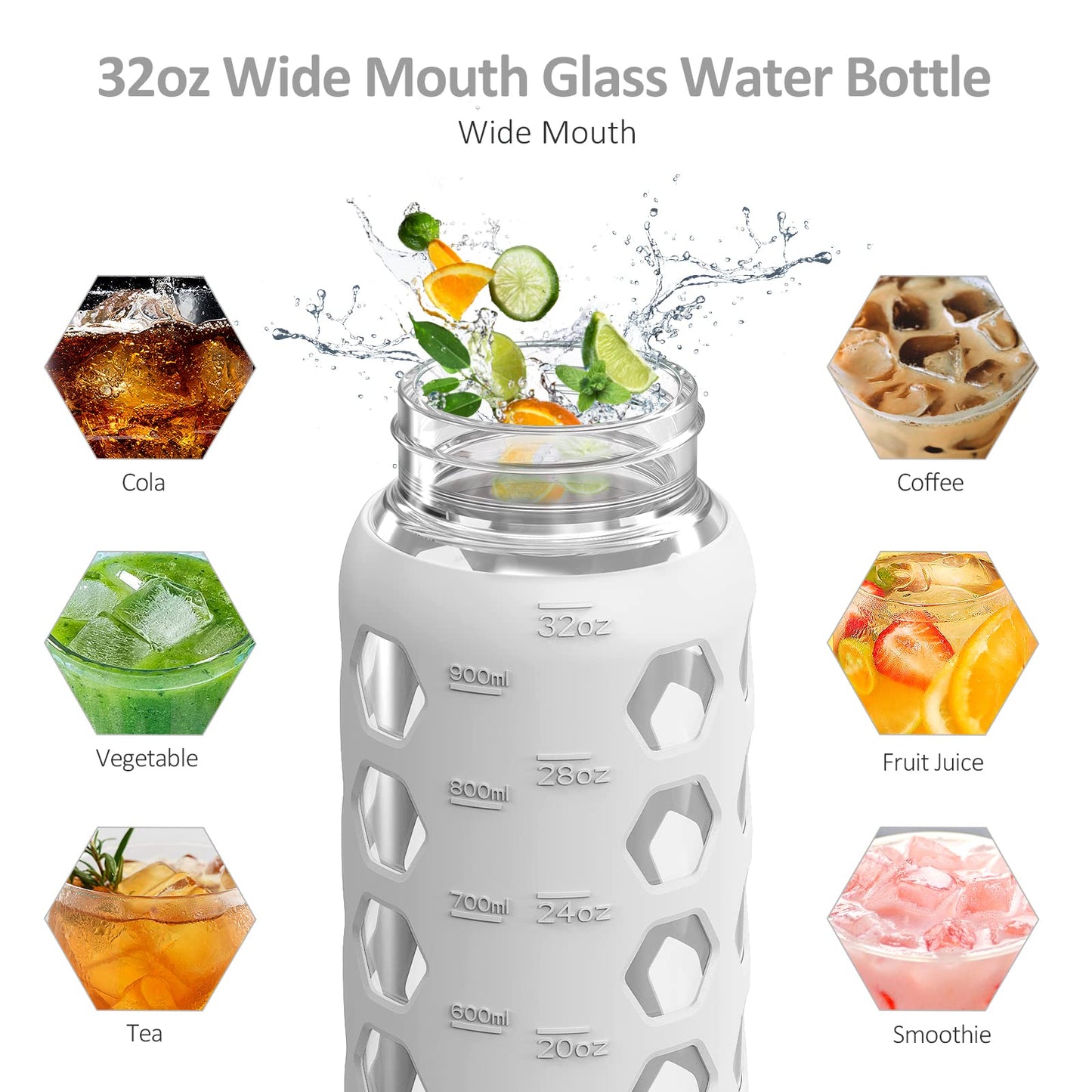 MUKOKO 32oz Glass Water Bottles with 2 Lids-Handle Spout Lid&Bamboo Straw Lid, Motivational Water Tumbler with Time Marker Reminder and Silicone Sleeve, Leakproof-White-1 Pack