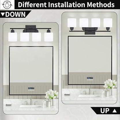 4-Light Black Bathroom Vanity Light, Light Fixtures with Milky White Frosted Glass Shades, Black Vanity Light for Bathroom Mirror, Bedroom, Living Room, Vanity Table, E26 Base