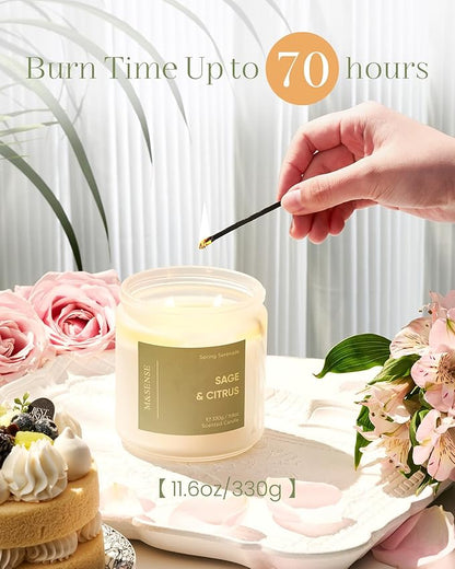 M&SENSE Sage Citrus Scented Candle - 11.6oz Natural Soy Non Toxic 70 Hour Burn Time 2 Wick Aromatherapy Candle for Home Decor, Summer Fragrance for Stress Relief & Relaxation