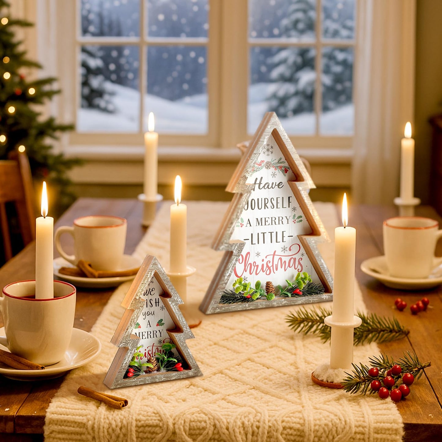 Pinkunn 2 Pcs Christmas Decorations for Home Farmhouse Christmas Tree Decor with Pinecones Rustic Wooden Xmas Centerpiece Natural Decorative Block Tabletop Sign for Xmas Party Holiday Table Home Decor