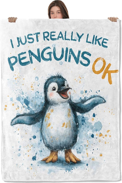Cute Penguin Lightweight Throw Blanket, Watercolor Cartoon Animal with Splash Ink, Warm Soft Cozy Flannel Blankets, Couch Dorm Home Decor All Season Use, 50x40in, White, Gifts for Kids Girls