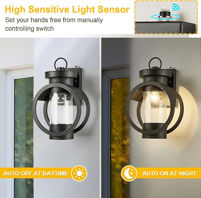 Dusk to Dawn Sensor Industrial Outdoor Wall Sconce Modern Exterior Wall Mounted Light Fixture Waterproof Outdoor Wall Lantern, Matte Black Outside Wall Lamp with Seeded Glass for House, Porch, Garage