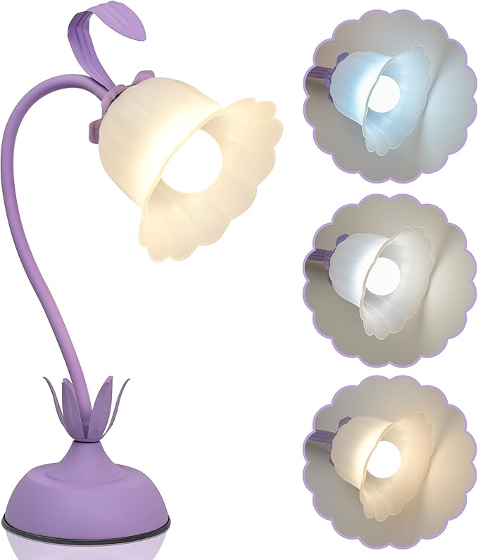 Vintage Flower Table Lamp, 3 Color Temperature Flexible Gooseneck Cute Small Desk Lamp for Bedroom, Kawaii Nightstand Bedside Lamps for Living Room, Dorm, Office, Home Decor (Purple)