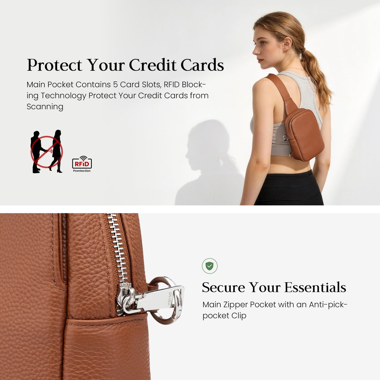 befen Real Leather Anti Theft Small Crossbody Sling Bags for Women, Woman Crossbody Chest Bags Travel Purse with RFID Card Slots Cognac Brown