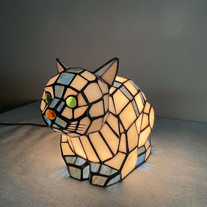 Bieye L10872 Lovely Cat Tiffany Style Stained Glass Accent Table Lamp Night Light for Home Decoration (One Cat, Blue)