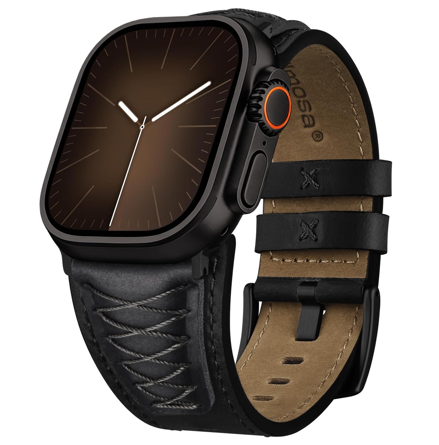 Fullmosa Leather Band Compatible with Apple Watch Ultra 3/2/1 Band 49mm 46mm 45mm 44mm 42mm Men, Top Grain Leather Replacement Strap for iWatch series 11 10 9 8 7 6 5 4 3 2 1, SE 3 2 1,Black+Black