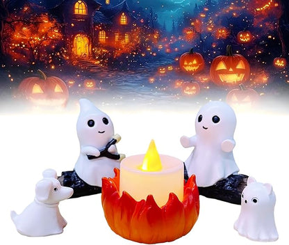 SOMITO 2025 Ghost Campfire Nightlight, Spooky Ghost Halloween Decorations Indoor, Cute Halloween Ghost Figurine, Funny Halloween Decor for Home Mantel Tabletop Party (with Cat and Dog)