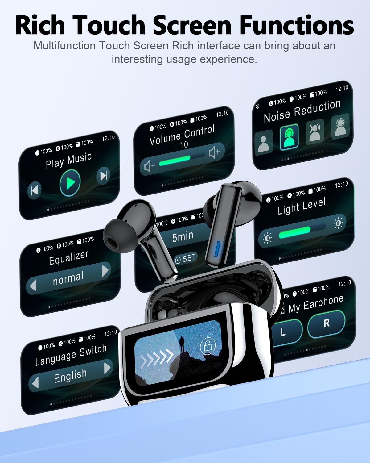 ZIUTY Wireless Earbuds Bluetooth Headphones, ANC/ENC Noise Cancelling, Ear Buds with Multifuntional Touch Screen, 40H Stereo Sound for Sports, IPX7 Clear Calls, 5 EQ for iOS Android(Black)