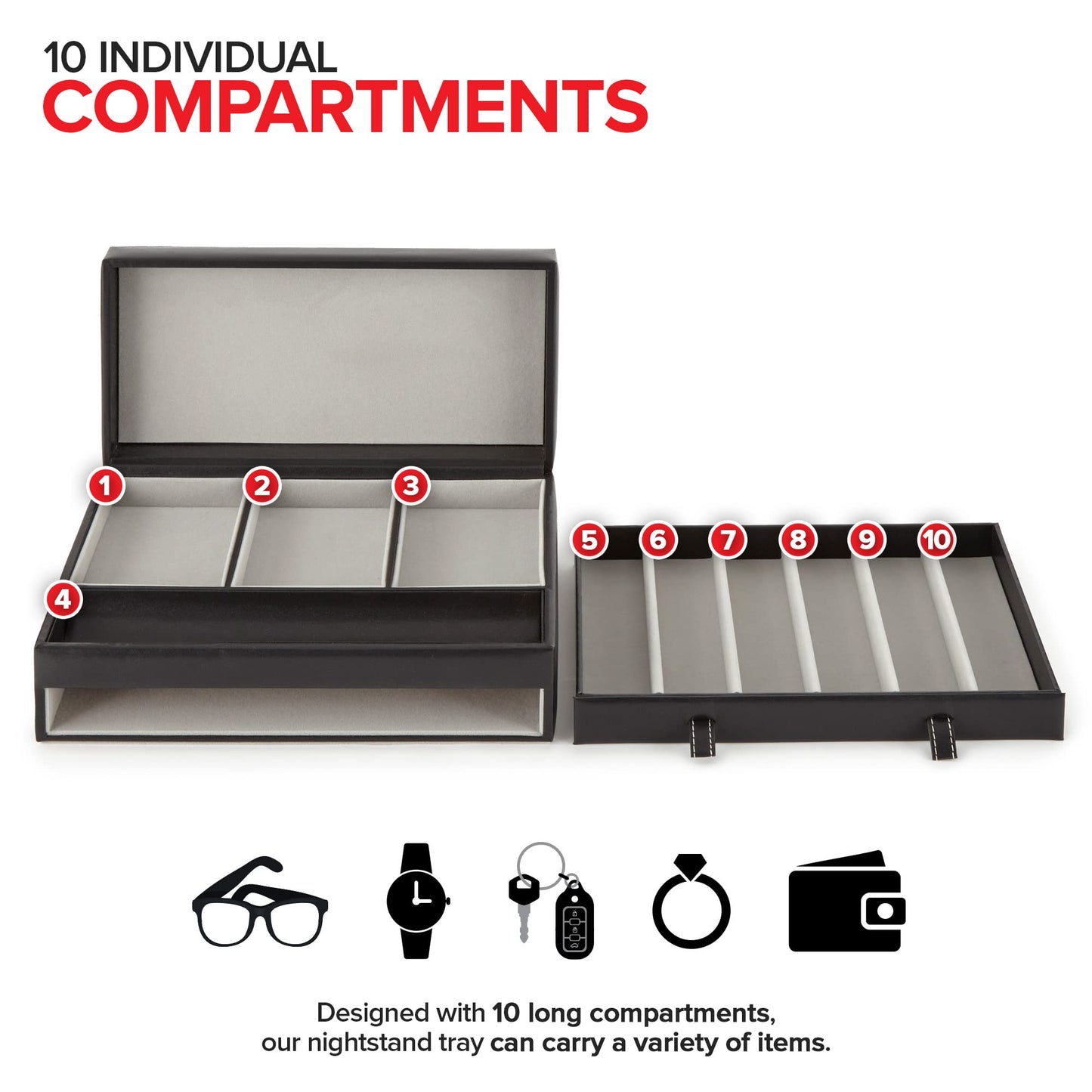 Stock Your Home Mens Valet Tray, Men's Jewelry Box, Night Stand Organizers and Storage, Bedside Table Organizer, Watch Box for Dresser, Faux Leather (Black & Gray)