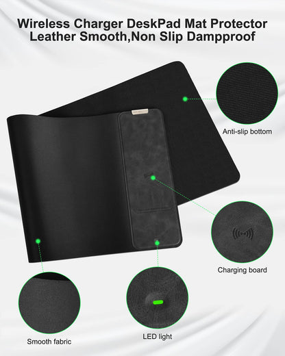 Mouse Pad with Wireless Charging, Large Desk Mat RGB Gaming Mousepad, 10 Light Colors LED Gaming Pad Keyboard Pad with Ultra-Smooth Surface & Non-Slip Rubber Base, Waterproof Full Desk Mouse Pad