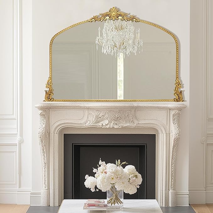Growsun Vintage Gold Arched Mirror, 40’’x30’’ Antique Baroque Ornate Wall Mirror Decor with Full Metal Frame for Fireplace/Entryway/Living Room/Bathroom