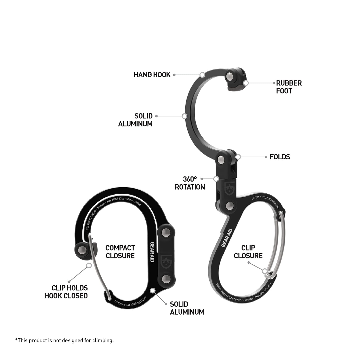 GEAR AID HEROCLIP Carabiner Gear Clip and Hook (Large, Medium, Small) for Camping, Backpack, Suitcases, Purse and Garage Organization, Stealth Black, Variety Size 3 Pack