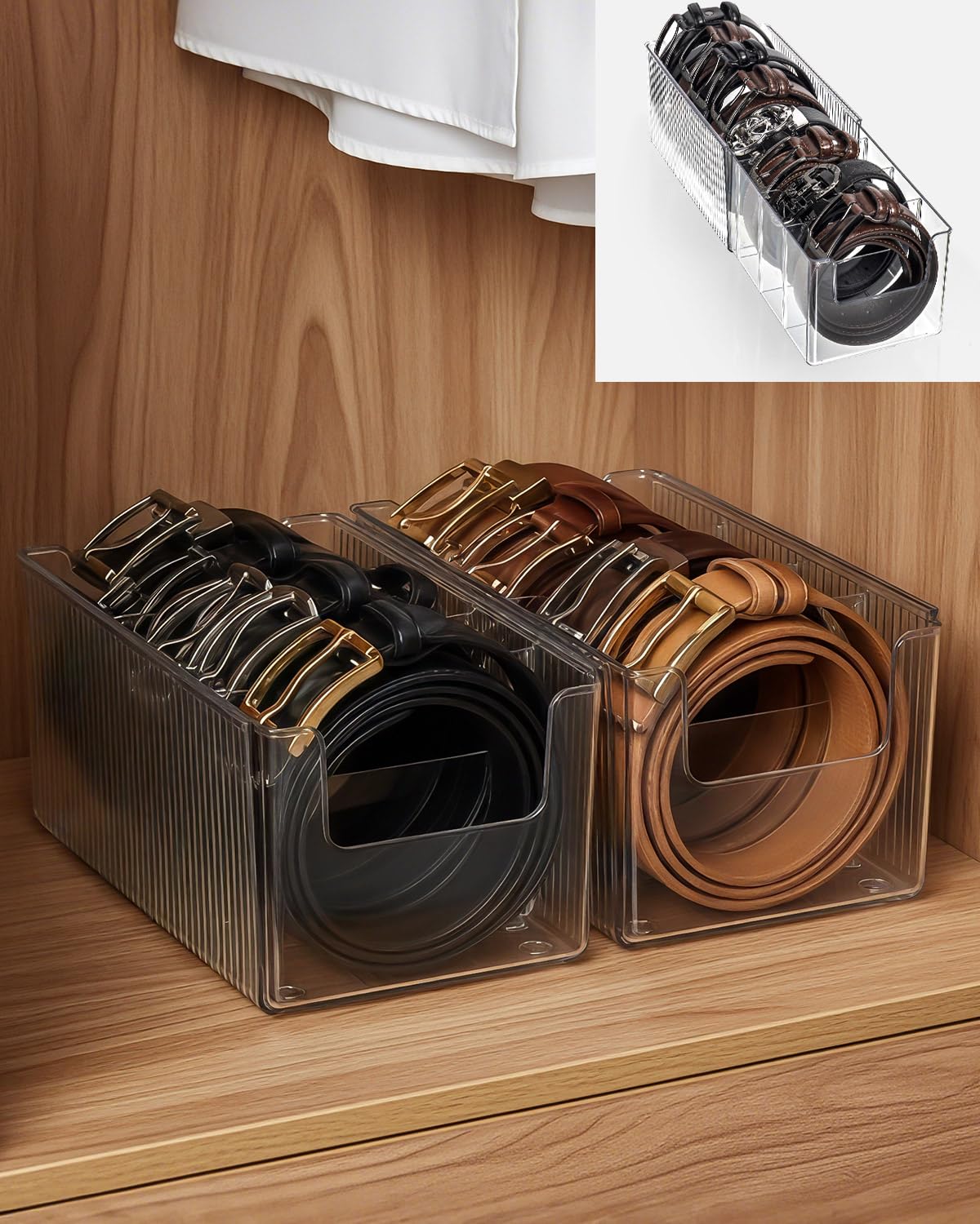 HAYVAN 2 Pack Acrylic Extendable Belt Organizer - Clear Belt Holder with Adjustable Dividers Fits Most Sizes, Storage Box for Ties, Bows, Masks, Jewelry (Space-Saving)
