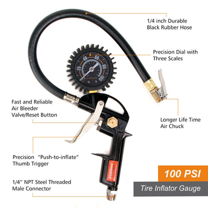 FYPower 22 Pieces Air Compressor Accessories kit, 3/8 inch x 50 ft Hybrid Air Compressor Hose Kit, 1/4" NPT Quick Connect Air Fittings, Tire Inflator Gauge, Heavy Duty Blow Gun, Swivel Plugs