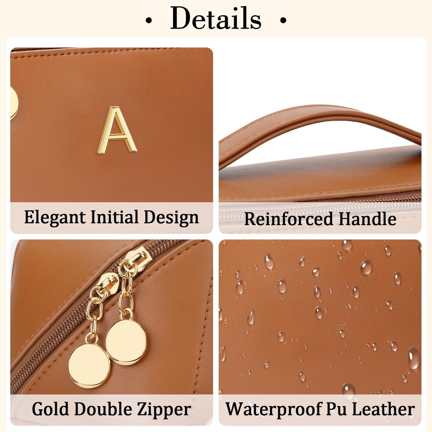 KKXIU Initial Makeup Bag for Women - Personalized Makeup Bag Gifts for Women, Travel Toiletry Bag with PU Leather, Open Flat Design with Top Handle, Cosmetic Bag Set with Multi-Pocket (Brown,A)
