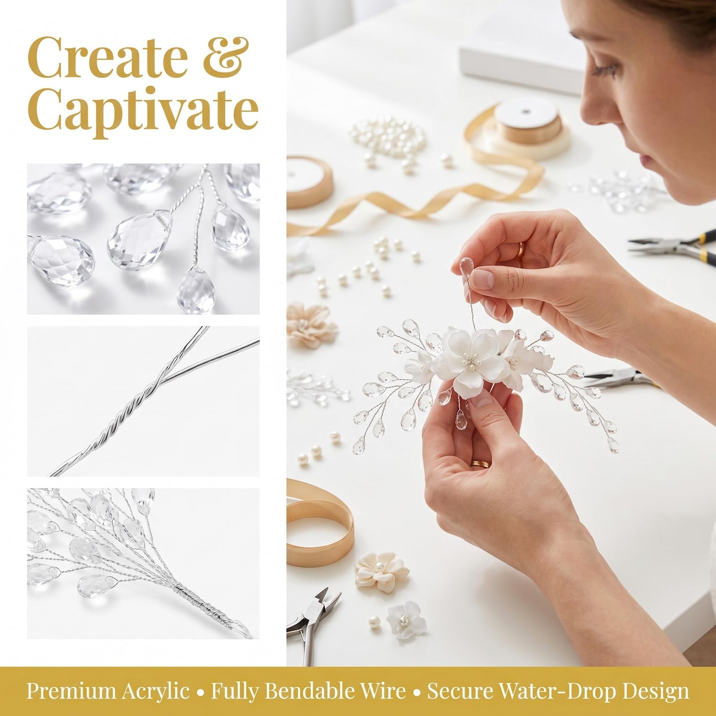 VOSAREA 50pcs Crystal Floral Picks: Flexible 3-Strand Artificial Bouquet Stems with Acrylic Bead Drops for Wedding Decor and DIY Crafts - White 6.69 Inch