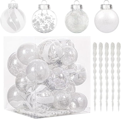 XmasExp 32ct Christmas Ball Ornaments Set -White Clear Plastic Shatterproof Xmas Tree Ball Decorations Hanging Baubles for Holiday Decor