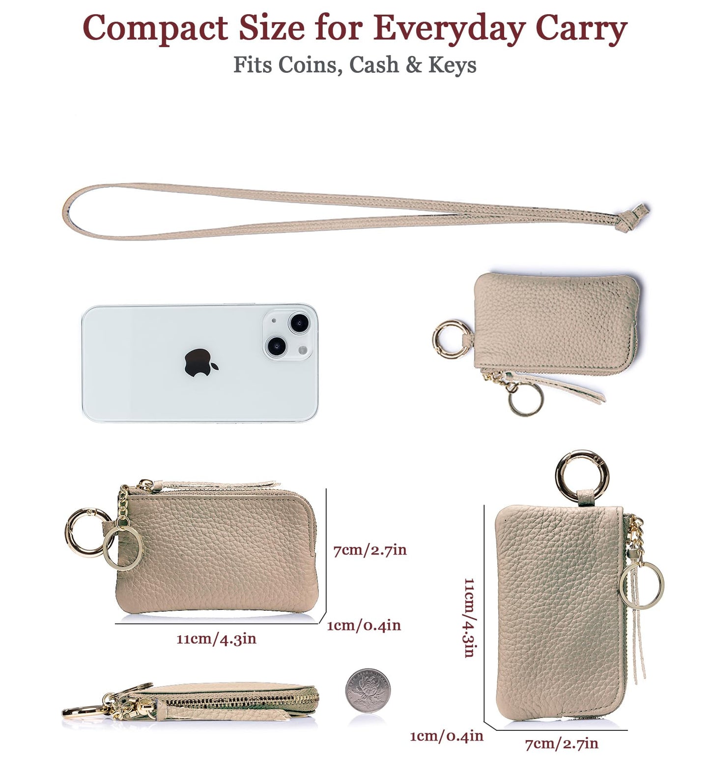 LnxLtw Travel-Friendly Leather Coin Purse for Women – Mini Zipper Wallet with Wrist Strap & Keychain, Compact Change Holder & Small Coin Pouch with Gift Box (Gray)