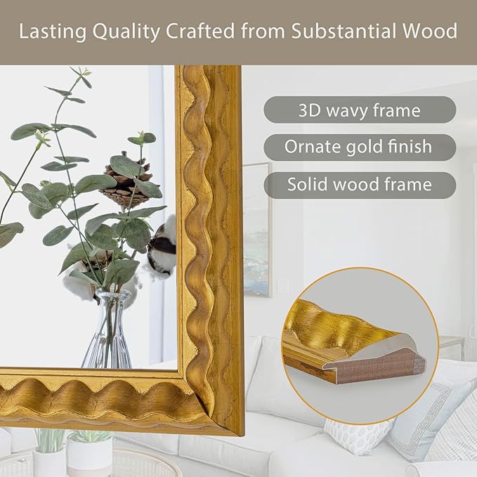 Large Gold Mirrors for Dining Room Decor, 51'' X 27'' Antique Gold Mirror with Textured Wavy Wood Frame, Rectangular Mirror for Living Room, Bathroom, Bedroom, Entryway