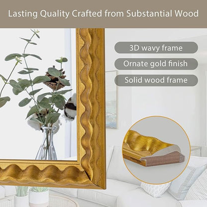 Large Gold Mirrors for Dining Room Decor, 51'' X 27'' Antique Gold Mirror with Textured Wavy Wood Frame, Rectangular Mirror for Living Room, Bathroom, Bedroom, Entryway