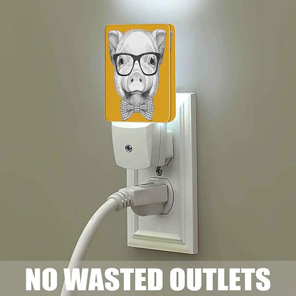 Pig with Glasses Night Light, Bow Tie Plug into Wall with Dusk to Dawn Light Sensors, Warm Nightlights for Bedroom, Bathroom, Hallway, Kitchen, Gifts Ideal for Boys Girls Women Men